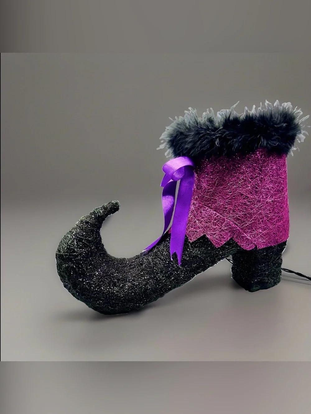 Lighted Halloween Witch Boot Decoration Purple Black Feathers 13” x 9”